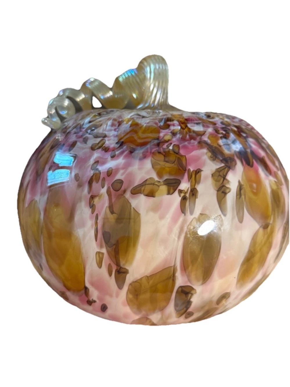 Signed Hand Blown Art Glass Pumpkin 9” Pink Amber White Curled Stem